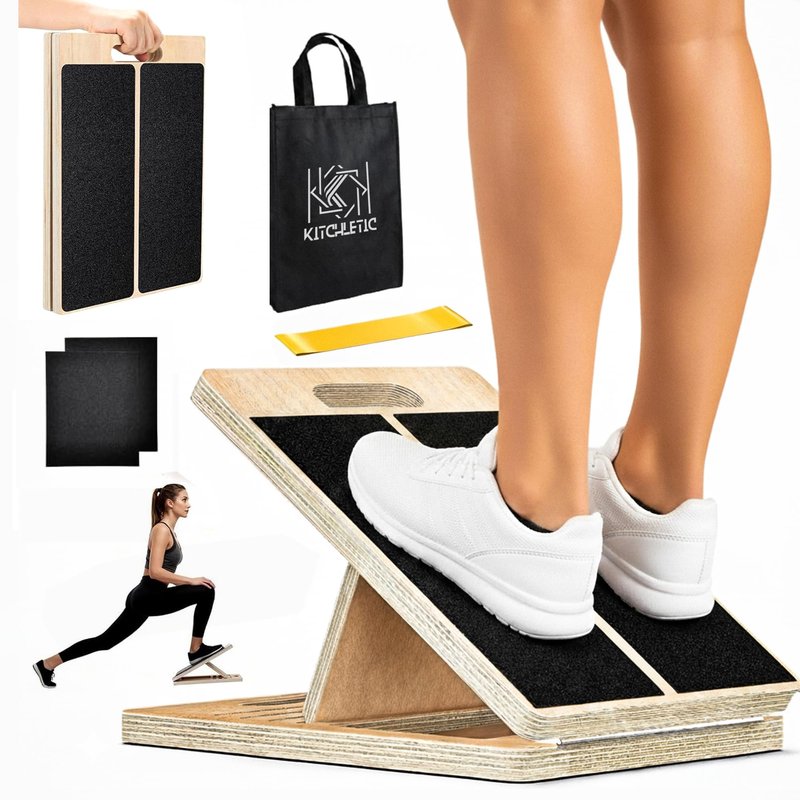 Adjustable Wooden Slant Board for Calf Stretching, Squats & Physical Therapy – Portable Incline Stretch Board for Ankle, Knee, Heel & Foot Mobility with 2 Extra Sand Papers, Carry Bag & Mini Loop Band