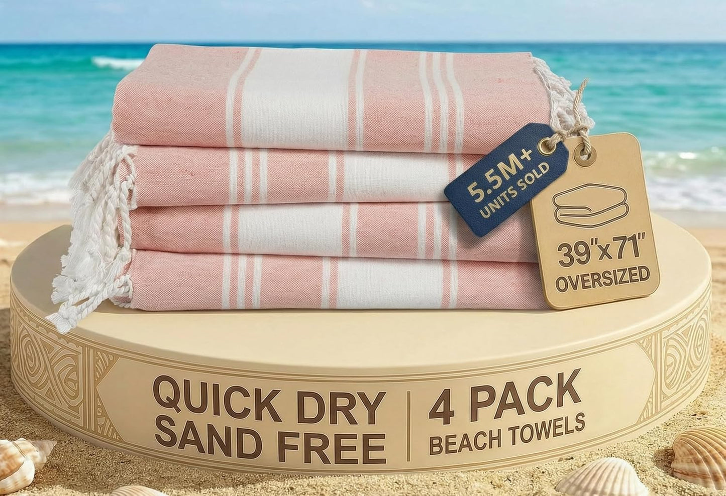 LANE LINEN Oversized Beach Towels 4 Pack - Quick Dry, No Sand, Extra Large 39"x71" - Quartz Pink