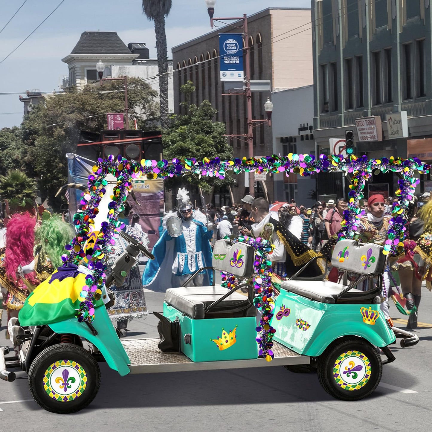 DoubleFill Mardi Gras Golf Cart Decoration Burlap Bunting Flag Purple Green Gold Tinsel Garland Golf Cart Stickers for Mardi Gras Parade Carnival Party Supplies