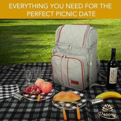 Rnoony Picnic Backpack for Camping, Picnic Basket for 4 with Insulated Cooler Bag and Bottle Pouch, Picnic Bag with Lightweight Blanket and Cutlery Set for Family, Couples and Hiking