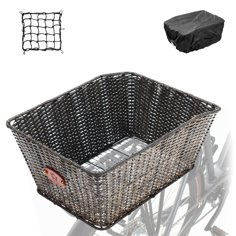 PIREKZUNT Bike Basket Rear, 16"X11.4"X7.4" Natural Rattan Beach Cruiser Bike Rear Basket with Waterproof Cover,Cargo Net, Handmade Woven Rectangular Bicycle Rear Basket for Women's and Mens Cruiser