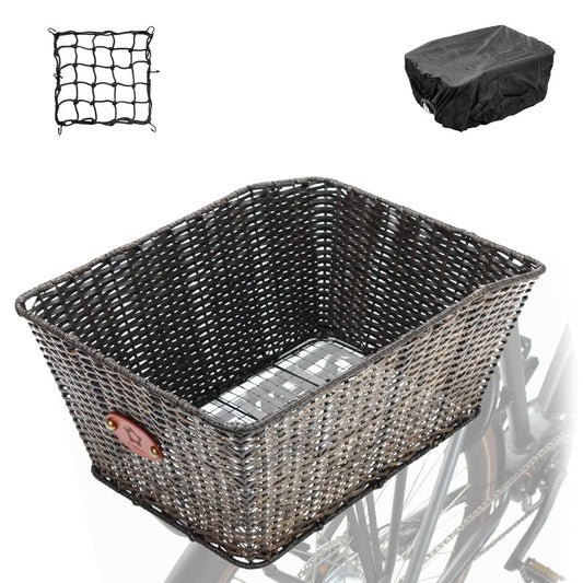 PIREKZUNT Bike Basket Rear, 16"X11.4"X7.4" Natural Rattan Beach Cruiser Bike Rear Basket with Waterproof Cover,Cargo Net, Handmade Woven Rectangular Bicycle Rear Basket for Women's and Mens Cruiser