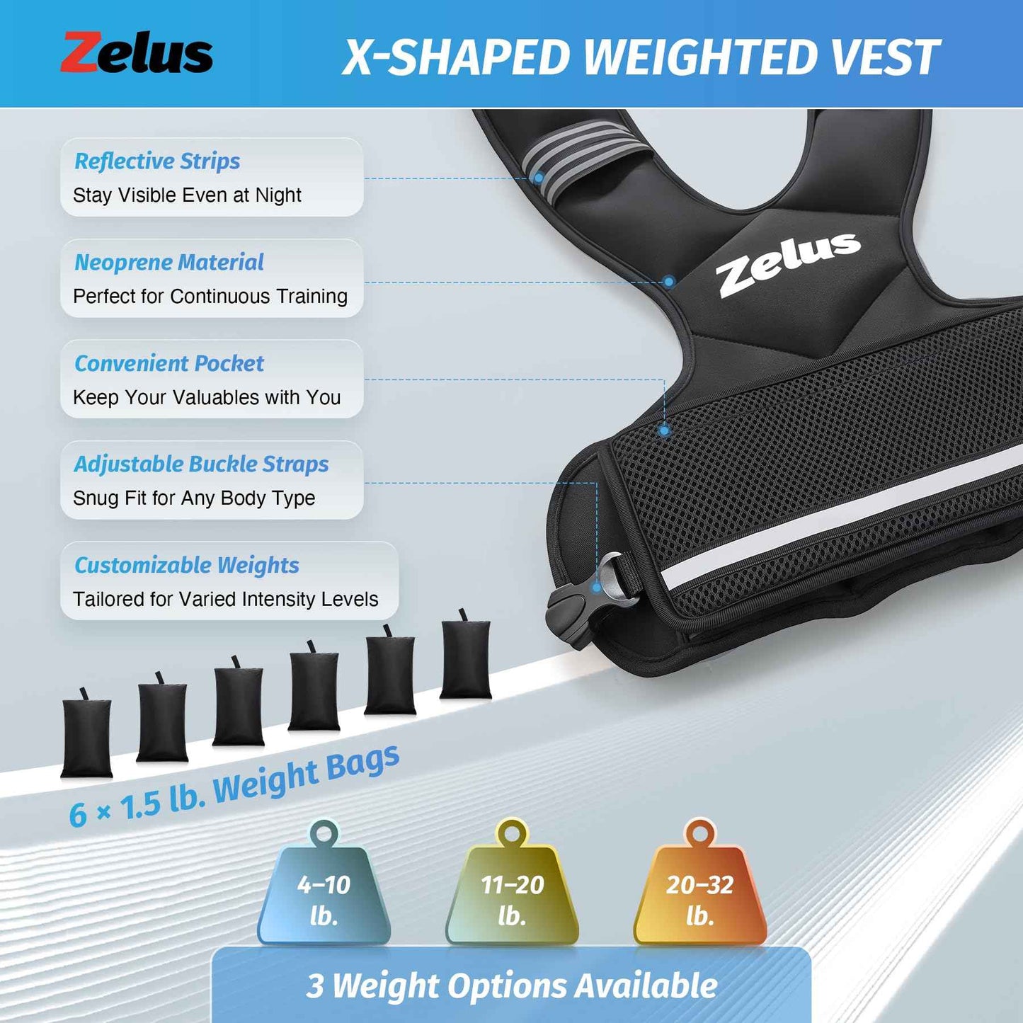 ZELUS Weighted Vest for Men and Women | 4-10lb/11-20lb/20-32lb Vest with 6 Ironsand Weights for Home Workouts | Adjustable Body Weight Vest Exercise Set for Cardio and Strength Training (11-20 lb.)