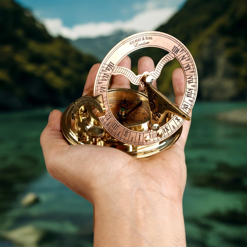 Brass Sundial Compass in Leather Case – Unique Nautical Gifts for Men, Antique Sailing Anniversary Gadget, Maritime Pocket Watch Clock, Nautical Decor for Him