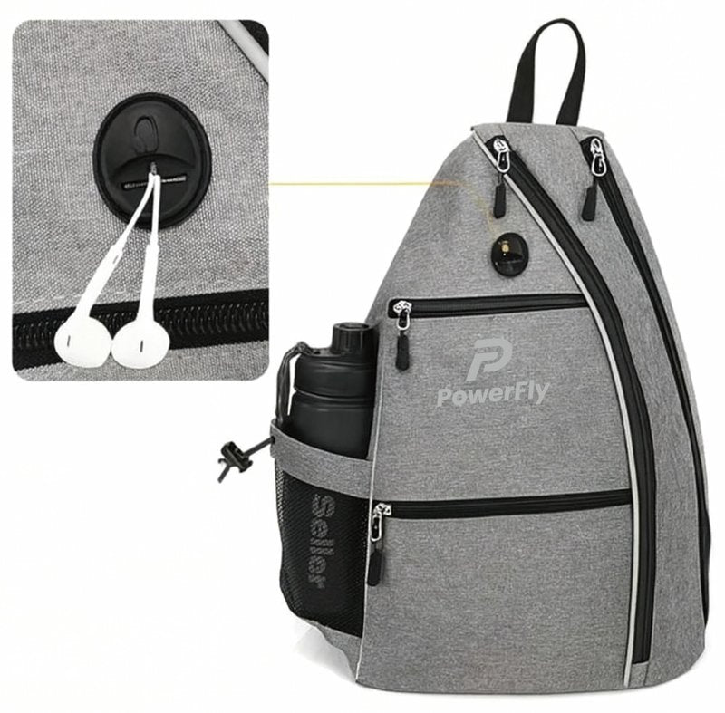 PowerFly Pickleball bag with Earphone Port, Multi-Pocket Design, Water Bottle Holder, Travel and Gym Bag (Grey)