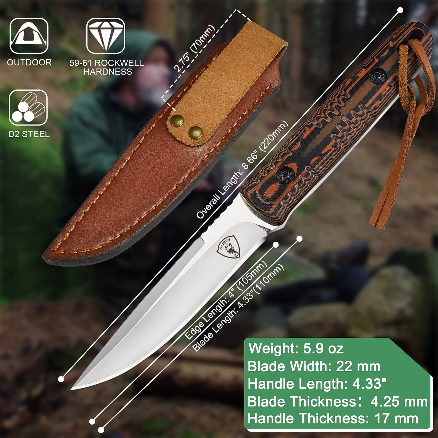 AUBEY Fixed Blade Knife, 440 Stainless Steel Blade Full Tang Knife with Leather Sheath G10 Handle, Camping Hunting Knives for Outdoor, Survival, Bushcraft, Hiking (Green&Black)