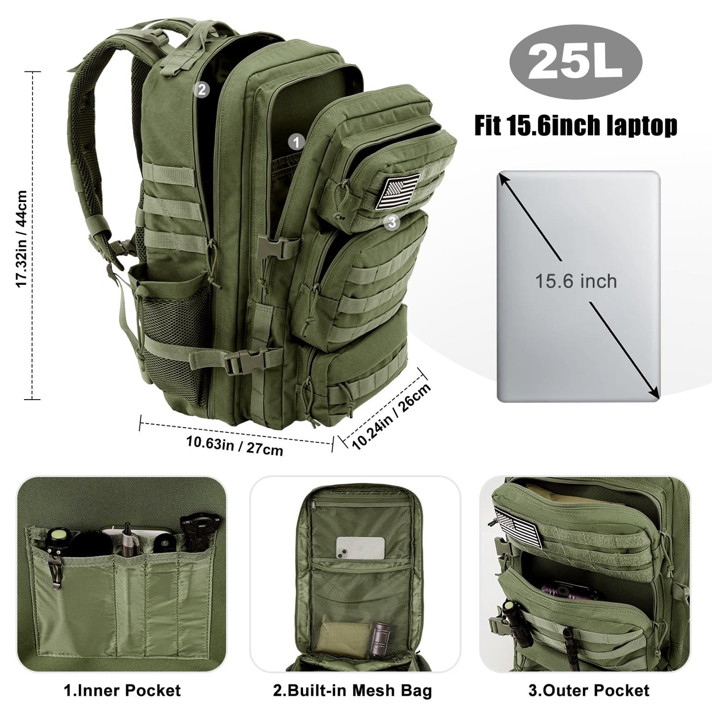 kookoomia Military Tactical Backpack 25L Day Backpack for Men Molle Army 3 Days Assault Pack Bug Out Bag Water Resistant and Heavy Duty Hiking Treeking Rucksack - Dark Green