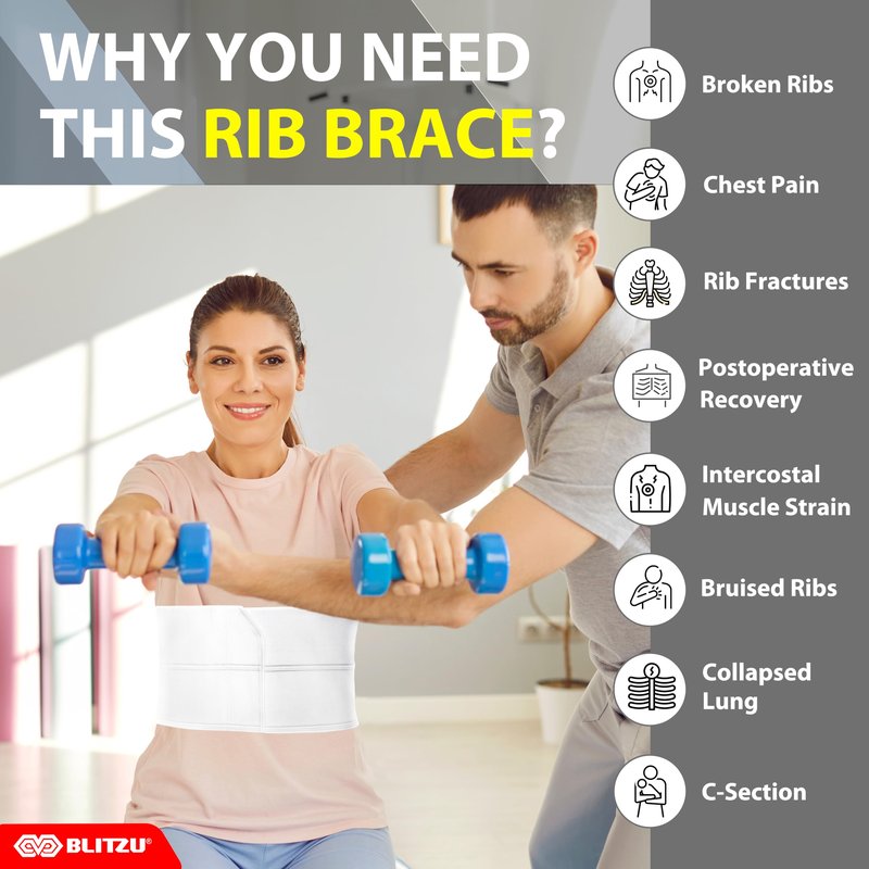 Broken Rib Brace for Women Men, 2 Panel Rib Cage Support Belt for Fractured, Bruised, Cracked, Dislocated Ribs Protection, Pre Post Surgery Recovery, Compression Wrap Binder for Chest, Stomach. Reg.