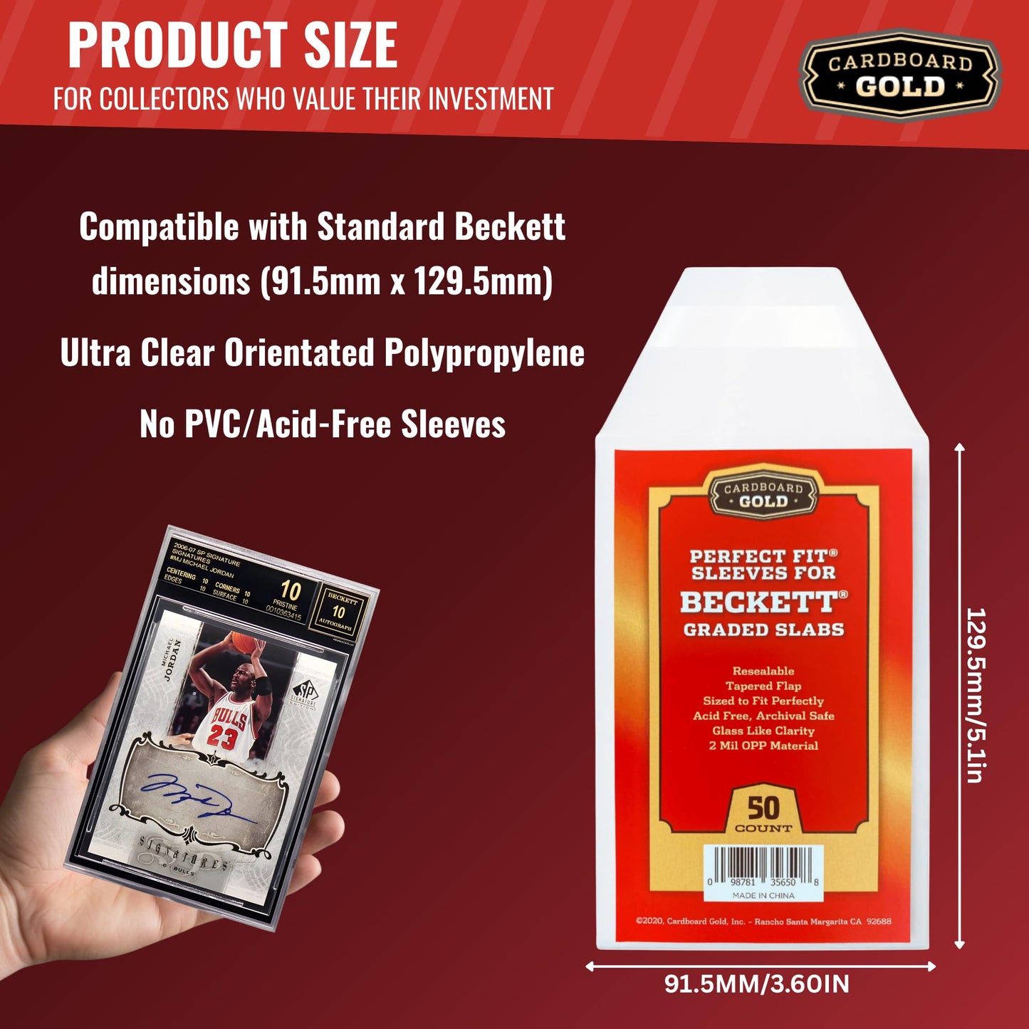 Cardboard Gold BGS Graded Card Sleeves 91.5x129.5mm - Crystal Clear 2mil OPP Slab Sleeves for Beckett Slabs - Perfect Fit Resealable Protection for Collectors - 50 Pack