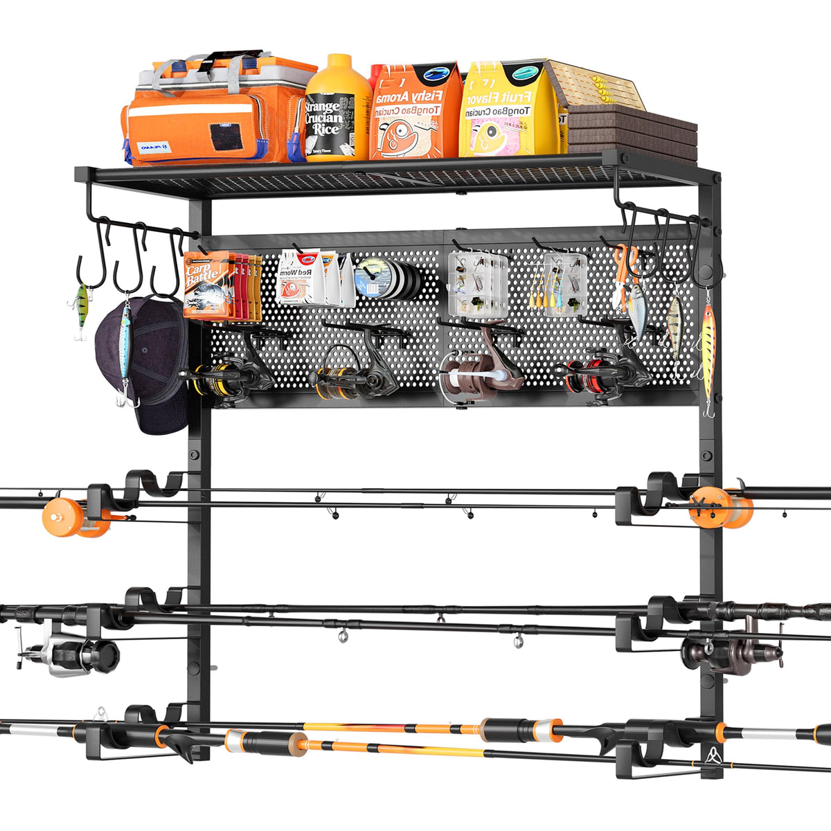 Olakee Wall Mount Fishing Rod Holders, Large Capacity Fishing Pole Holders for Garage Organizer, Horizontal Fishing Pole Rack Holds Up to 6 Rods with Pegboard & Hooks, Ideal Gift for Men Dad Anglers