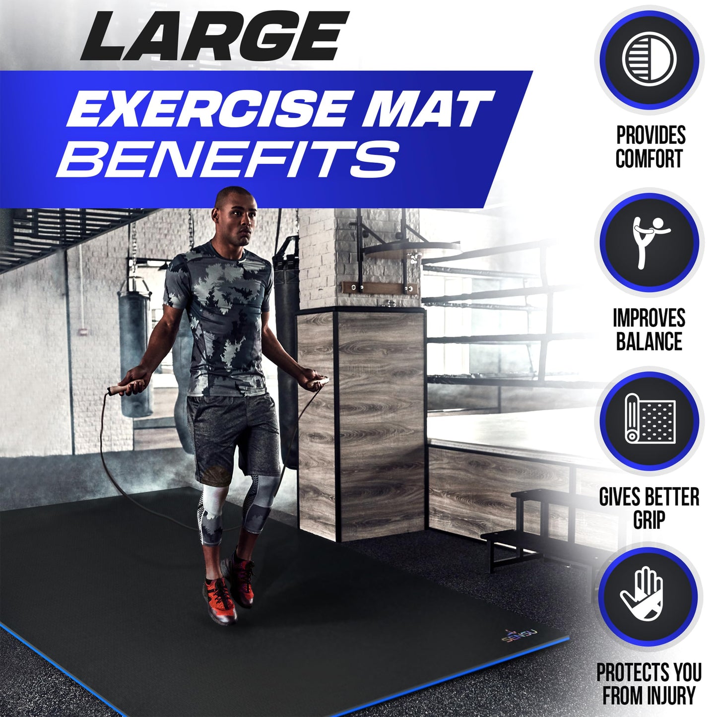 Sensu Large Exercise Mat – 7' x 5' x 8.5mm Extra Thick – Durable and Shoe-Friendly Workout Mat for Home Gym – Non-Slip Fitness Mat for Strength Training, Stretching, Cardio, and Balance Exercises