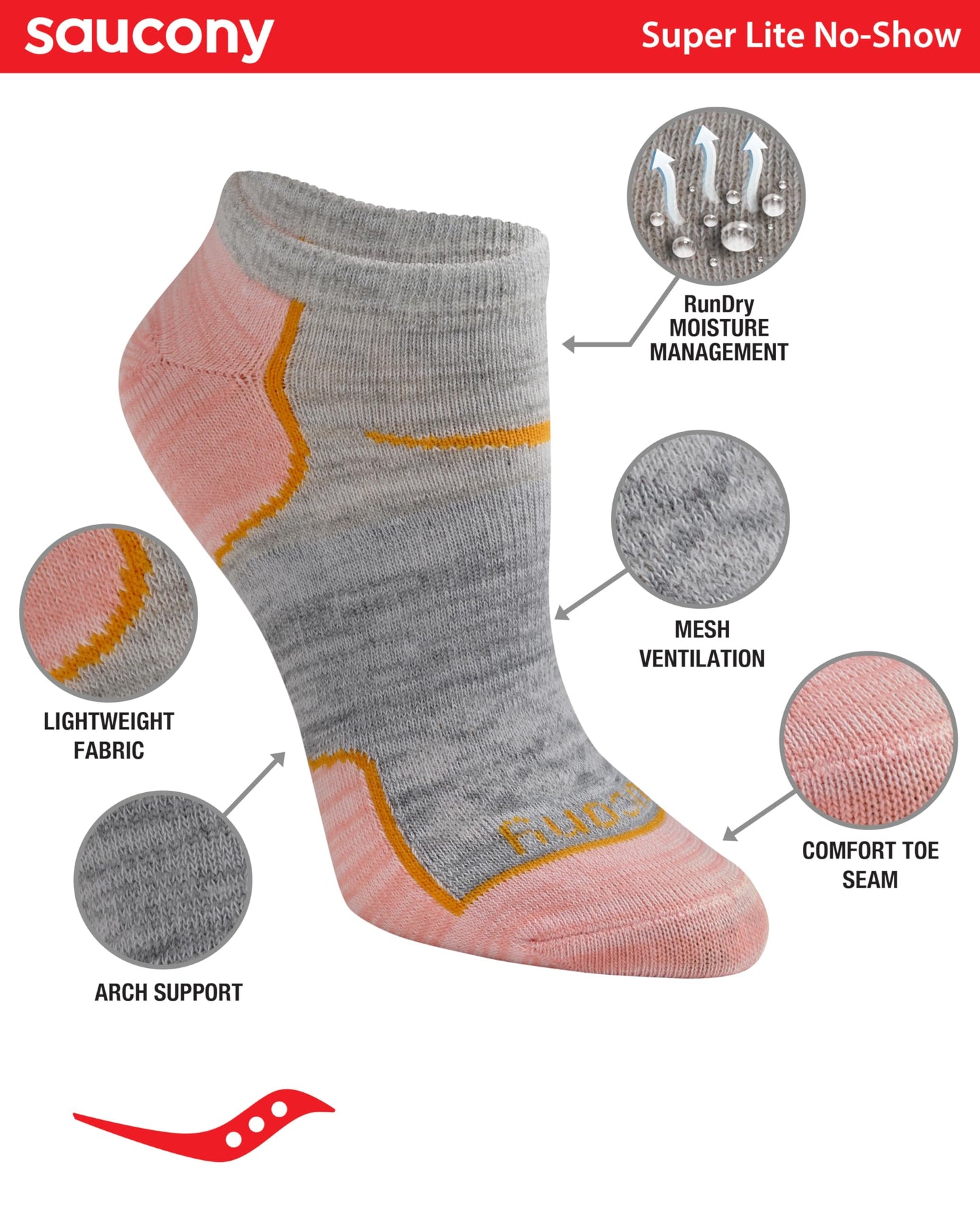Saucony Women's RunDry Performance 8 Pairs Super Lite No-Show Athletic Socks, M, Coral Assorted (6 Pairs), Medium