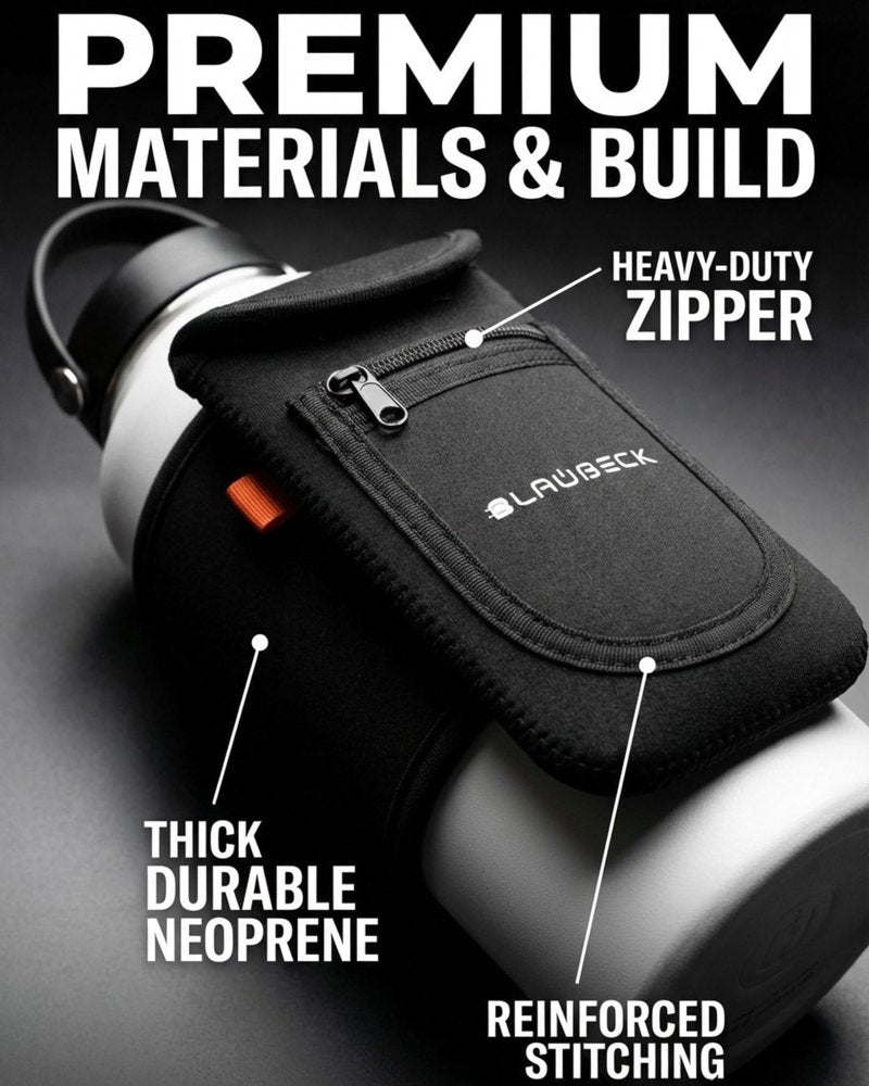 Magnetic Water Bottle Sleeve for Gym - Fits 18-40oz Bottles, 9-12 in Circumference - 4 Magnets Attach to Metal Equipment - Phone Pocket for iPhone 17 Pro Max - Black Neoprene (Bottle Not Included)