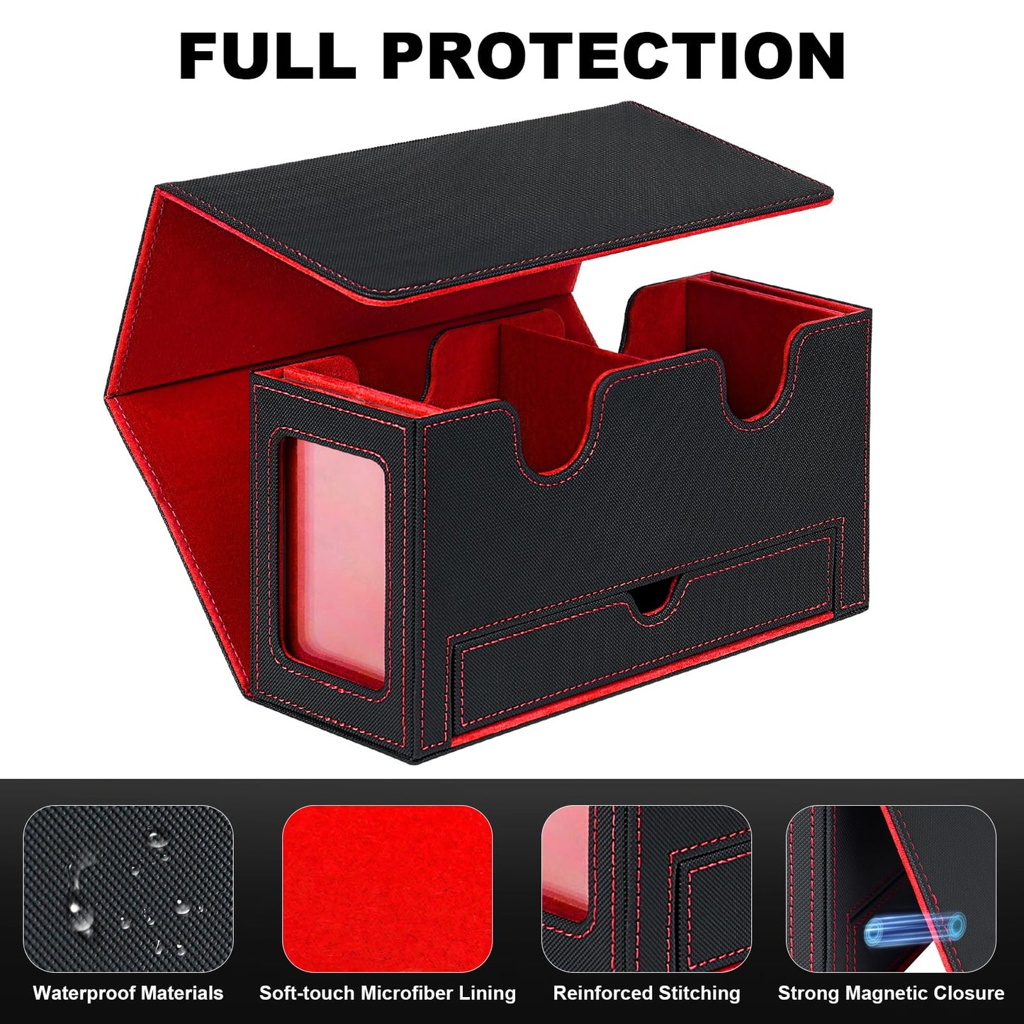 Jaffzora Card Deck Box for MTG Commander, Deck Display Case Holds 200+ Double-Sleeved Cards, 35pt Card Brick & Dice Tray, Storage Box For TCG CCG Sports, Black&Red