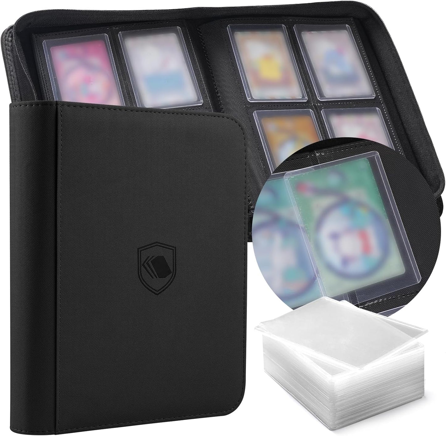 Toploader Binder - 4-Pocket PU Cover for 3" x 4" Rigid Toploaders | Holds 160 Cards, Includes 100 Toploaders