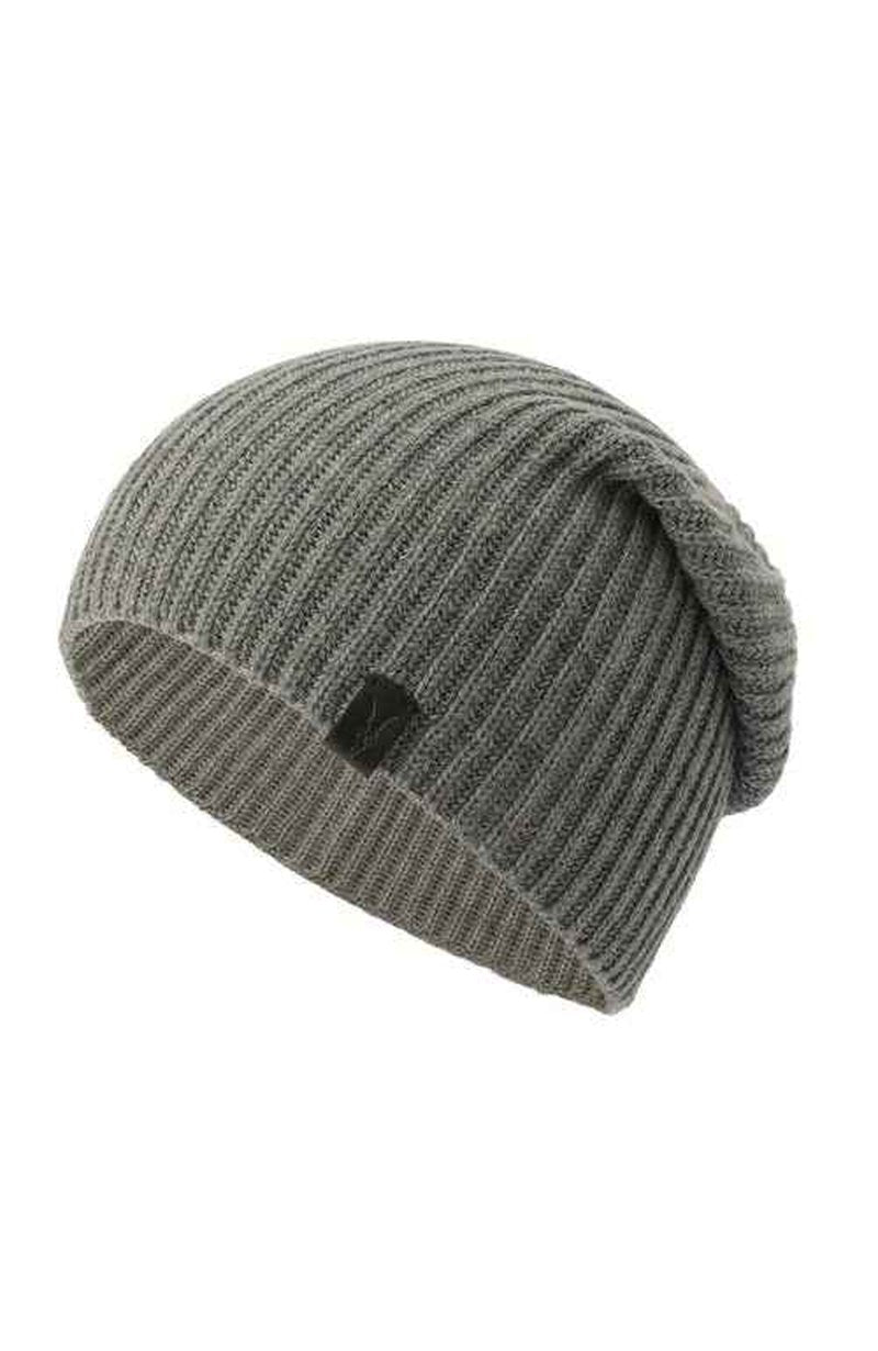 AllSaints Mens Merino Ribbed Beanie, Ribbed Hat with Logo Design, 100% Wool, Grey Marl
