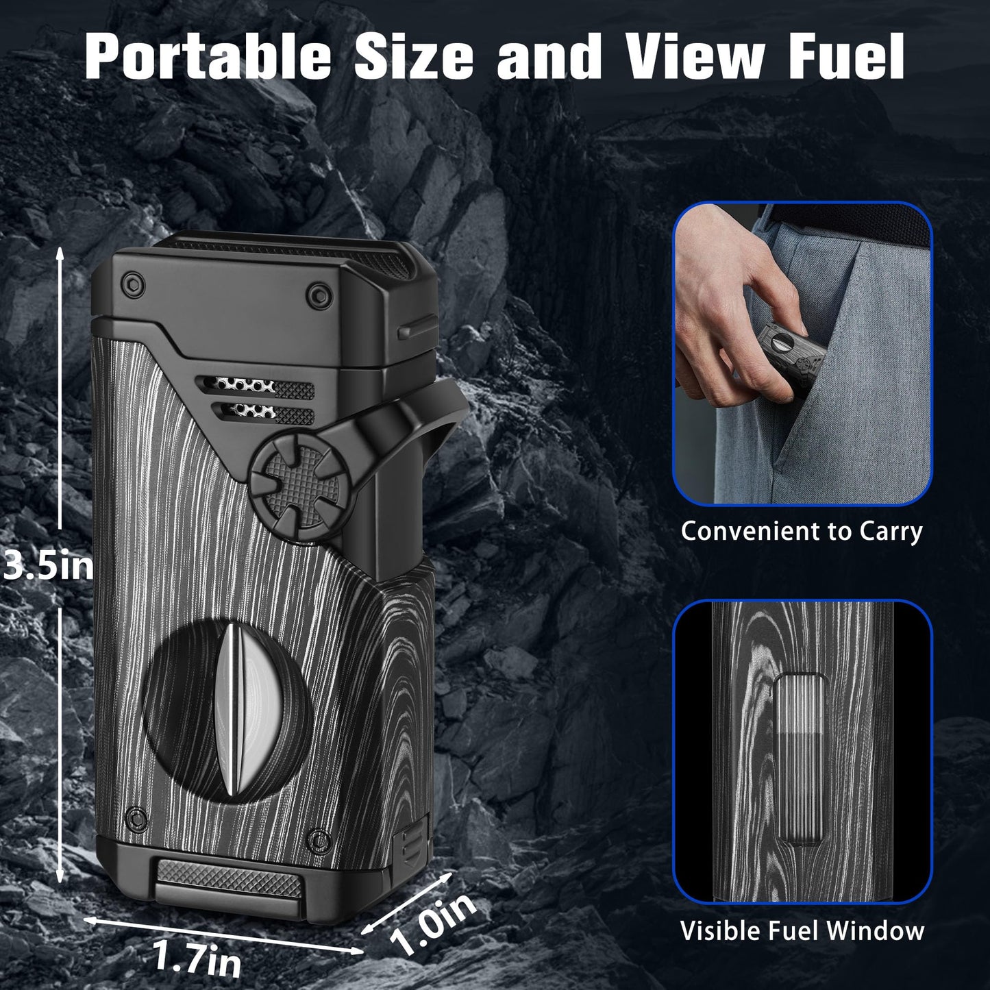 FLABOX 5-in-1 Torch Lighter with V Cutter Holder Punch and Draw Enhancer Tool,Four Windproof Jet Flame Multi-Functional Lighter,Refillable Butane Lighter with Gift Box for Men Black,Without Butane