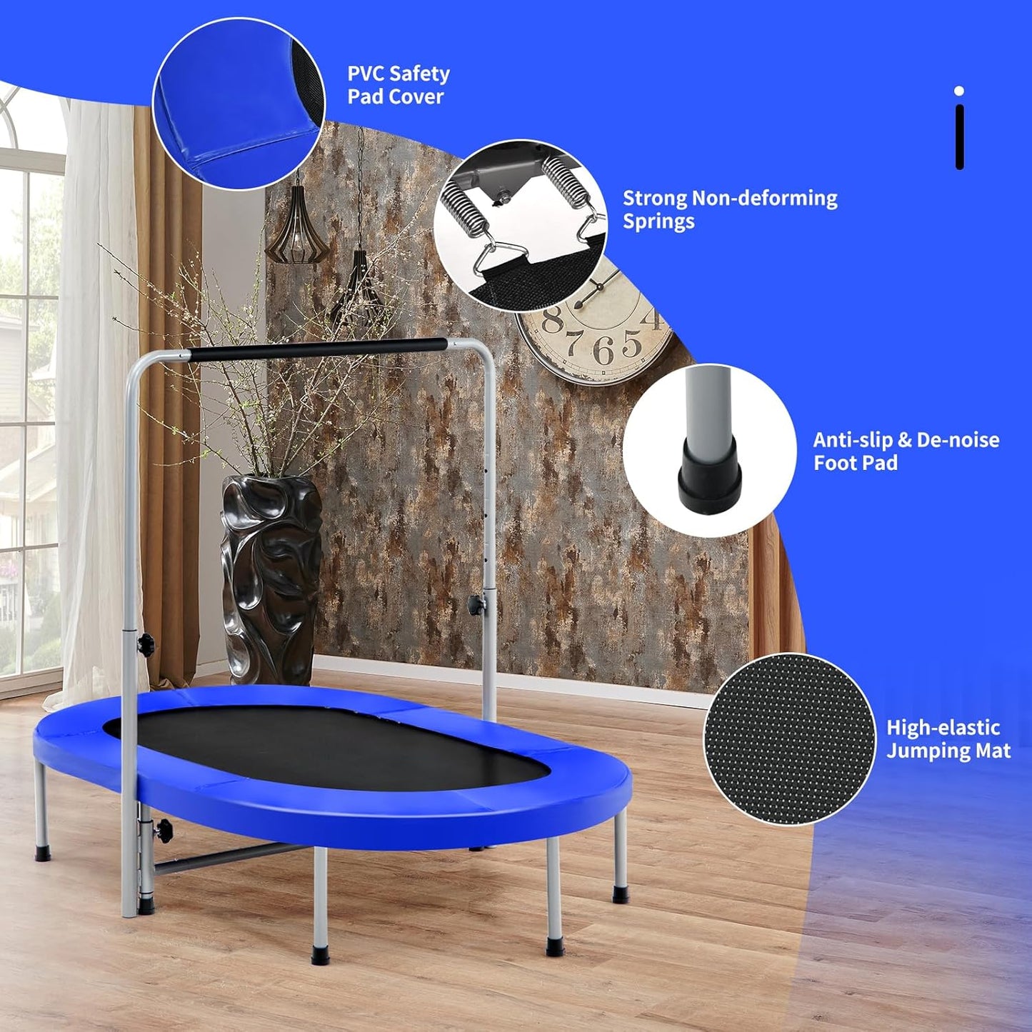 Rebounder Trampoline for Adults - 60” Foldable Mini Indoor Fitness Trampoline with Adjustable Handle & Non-Slip Pads | Max Load 330lbs