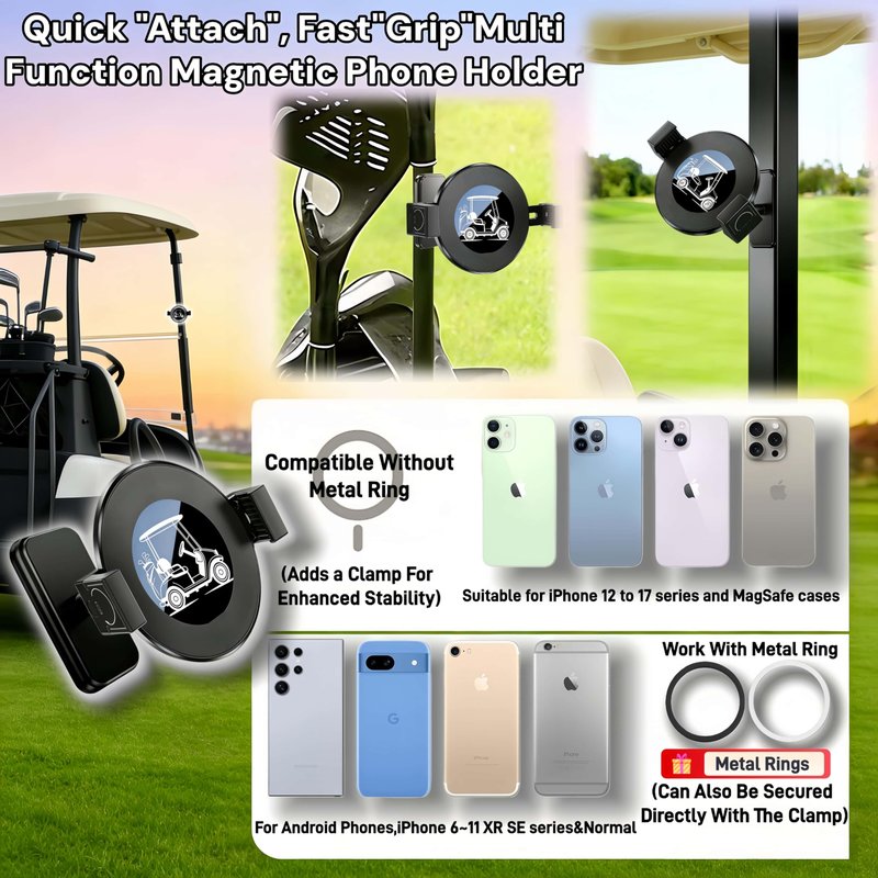 WUKO HUNT 2-in-1 Golf Cart Phone Holder, Magnetic + Back Clip Dual Protection, Fits EZGO, Club Car, Yamaha, Built-in Powerful Magnet, Compatible with iPhone & Android, 360° Rotation, Aluminum Mount