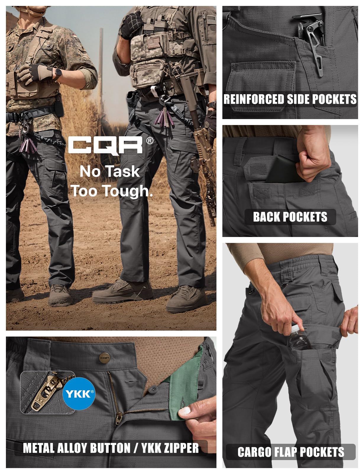 CQR Men's Tactical Pants, Water Resistant Ripstop Cargo Pants, Lightweight EDC Work Hiking Pants, Outdoor Apparel, Duratex Mag Pocket Charcoal, 36W x 32L