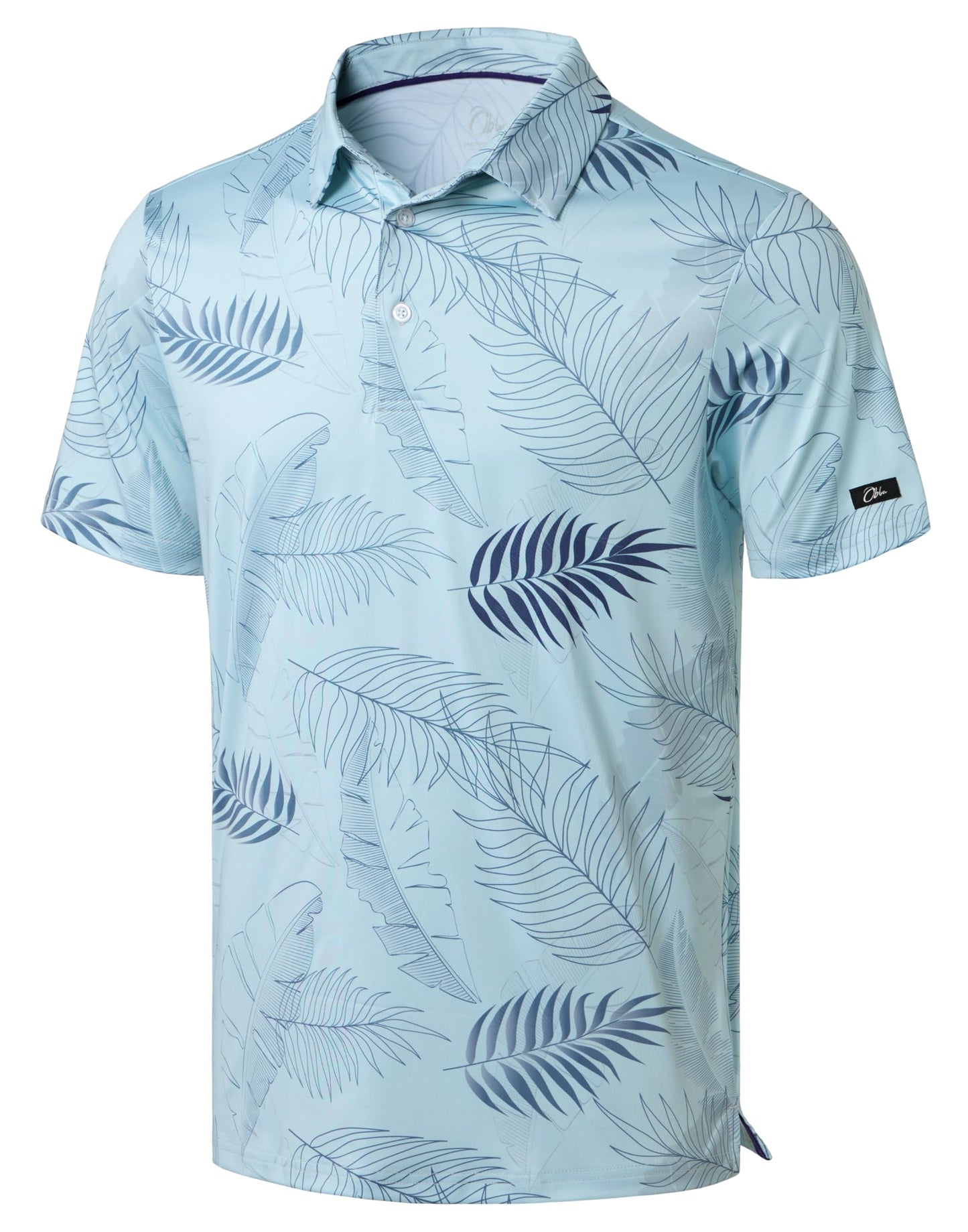 Obla Mens Golf Polo Shirts Short Sleeve Dry Fit Performance Moisture Wicking Casual Print Collared Golf Shirts for Men (Blue Palm Leaves) L
