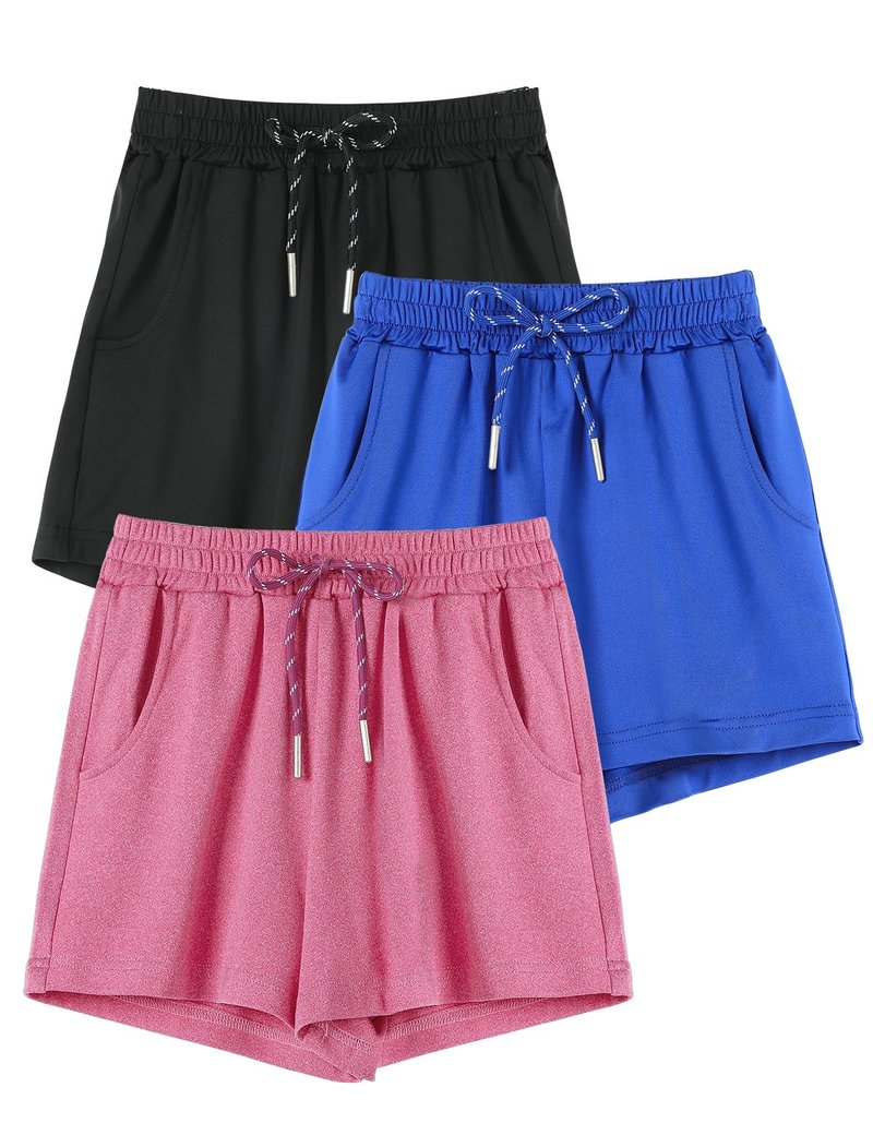 Hvididan Teen Girls Dry-Fit Active Athletic Shorts, 3 Pack Casual Soft Girls Running Soccer Bike Biker Shorts with Drawstring & Pockets, Rose Pink, Black, Blue, Size 14-16 Years
