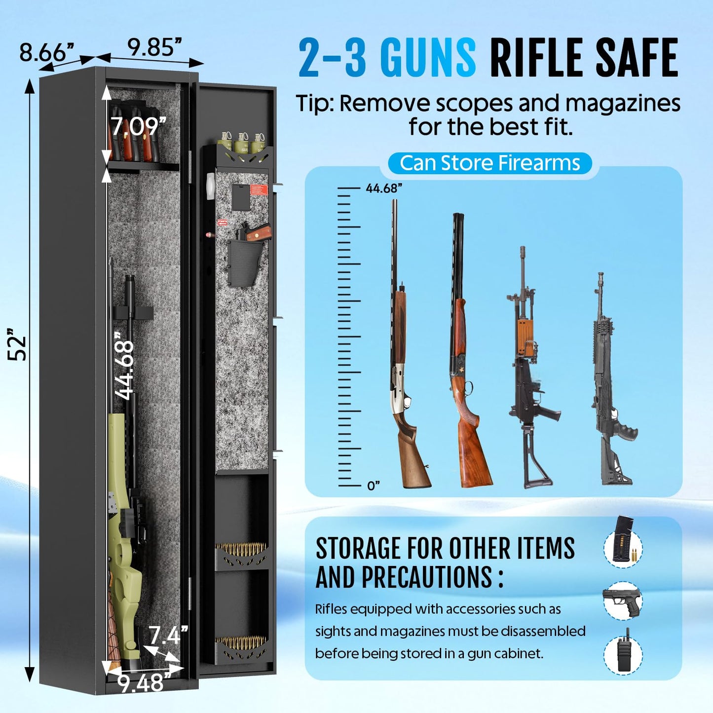 KAER 2-3 Gun Safe,Rifle Safe,Gun Safe for Rifles and Pistols,Gun Cabinet for Shotguns,Long Gun Cabinet for Shotguns with Removable Storage Shelf,LED Light,Quick Access Rifle Safes,Adjustable Shelves