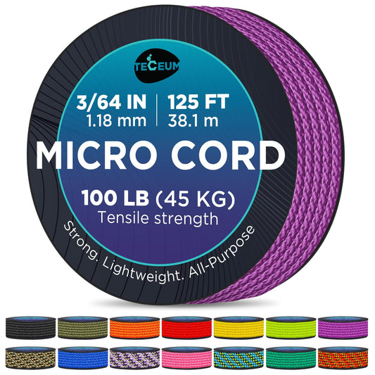 TECEUM Micro Paracord – Purple – 1.18 mm x 125 ft – Micro Utility Cord – Thin Braided Paracord Rope Nylon Polyester – Wind Chime Replacement – Survival Strong String 026c