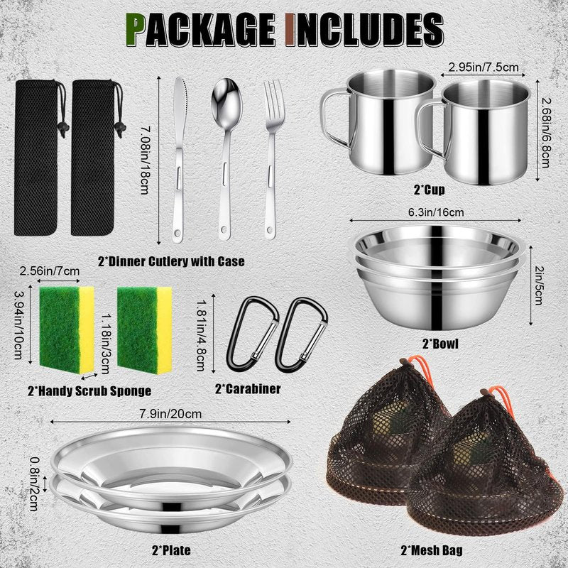 Scout Camping Mess Kit for Person 18/8 Stainless Steel Utensils Camping Dinnerware Kit Boy Scout Dishes Set Girl Scout Mess Kit with Mesh Bag Camping Cutlery Set for Travel Trip School Camp (2 Set)