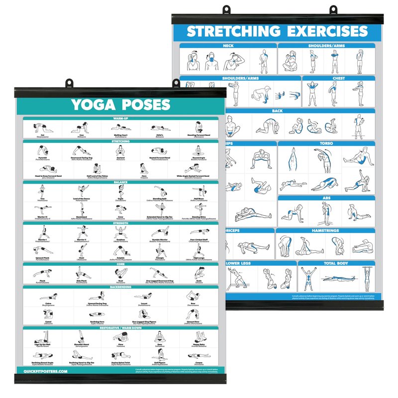 Palace Learning QUICKFIT Yoga Poses and Stretching Exercise Poster Set - Laminated with Plastic Frame 2 Chart Set - Yoga Positions & Stretching Workouts (18" x 24")