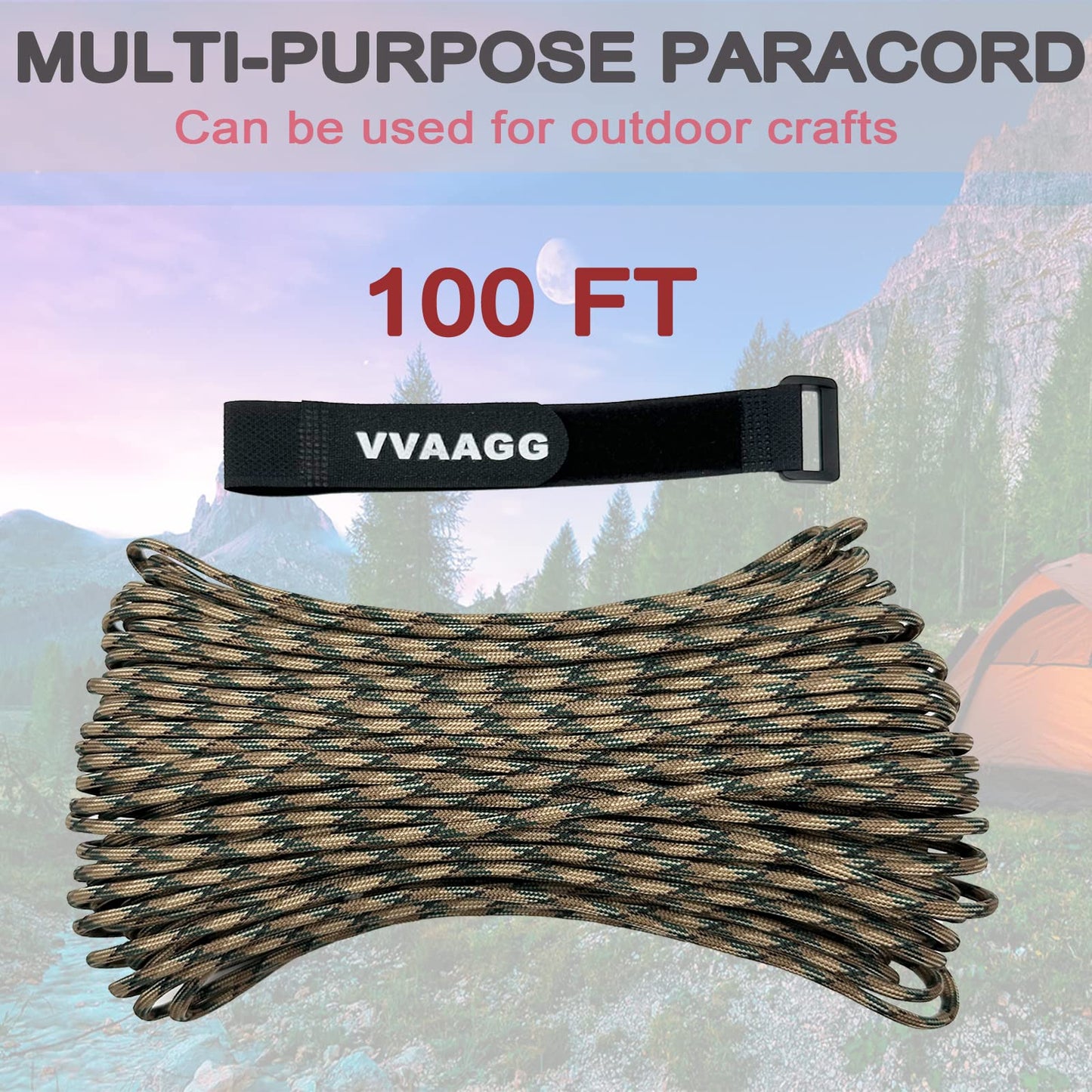 VVAAGG 550 Paracord 100FT Strong Rope, Heavy-Duty Camo Tactical Parachute Cord Outdoor Camping Gear Tent Rope, 4mm