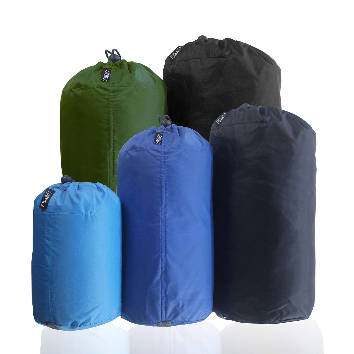 Frelaxy Stuff Sack Set 5-Pack (3L&5L&9L&15L&20L), Ultralight Ditty Bags with Dust Flap for Traveling Hiking Backpacking (Sky Blue&Blue&Navy&Army Green&Black)