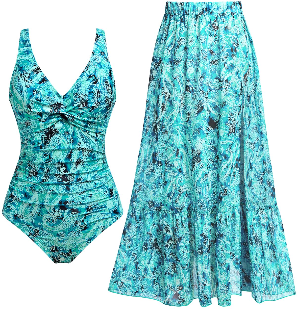 Holipick Green Paisley Women's One Piece Swimsuits with Cover Up Skirt Tummy Control V Neck Two Piece Bathing Suit M