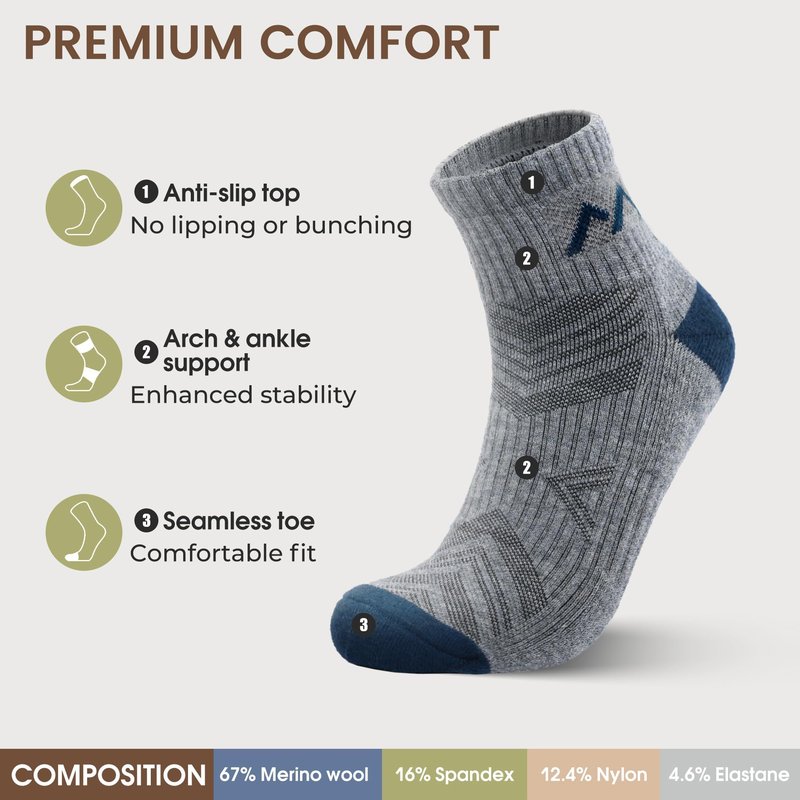 innotree Merino Wool Hiking Socks for Men,Quarter Ankle Compression Thick Cushion Breathable Anti Odor Socks, 5 Pairs, Large