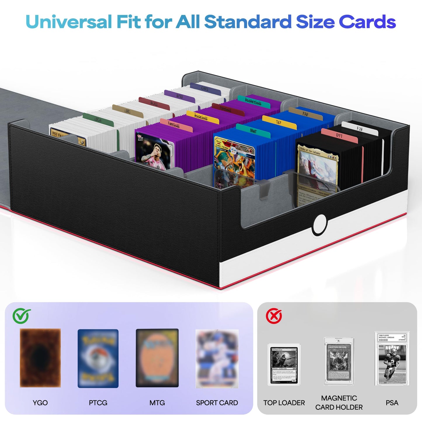 UAONO Trading Card Storage Box, Holds 2400 Sleeved Cards with 24 Dividers & 4 Stoppers, Magnetic Closure PU Leather Card Case for MTG, PTCG, YGO, Sports Cards (Red&White)