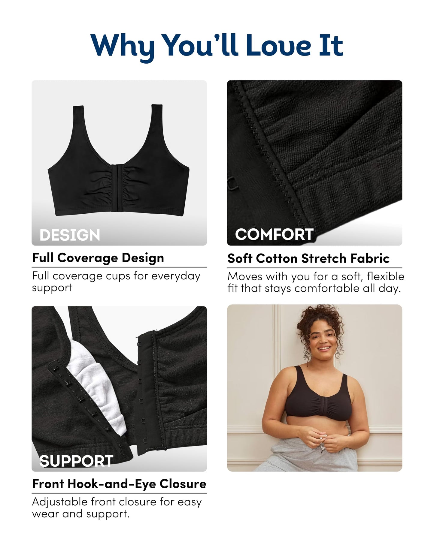 Fruit of the Loom womens Front Closure Cotton Sports Bra, Black/White/Heather Grey 3-pack, 36 US