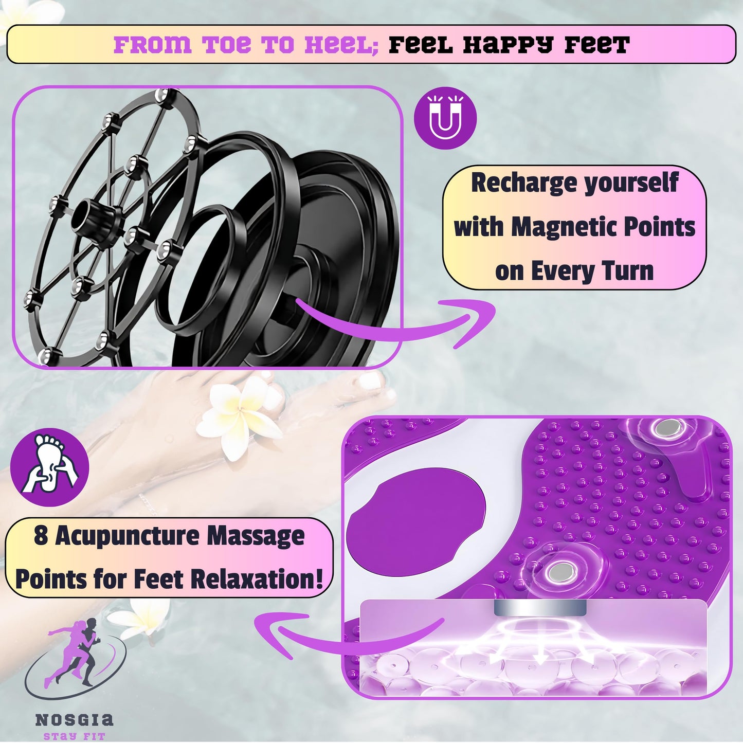 NOSGIA Purple Core Ab Twister Board - Double Rope for Exercise and Trainer 11 inch Abs Waist Twisting Disc with 8 Simply Power Magnets Reflexology Machine for Slimming and Strengthening Abdominal Exercise Workout Equipment