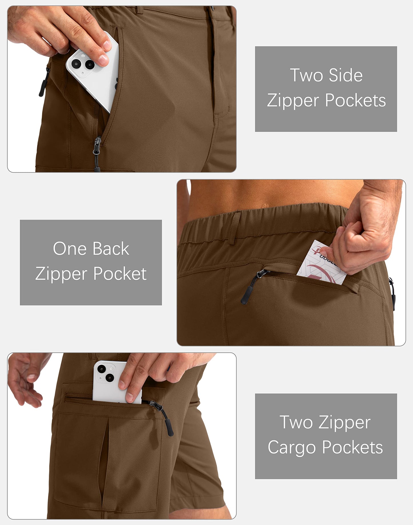 Pudolla Men's Hiking Cargo Shorts 9" Lightweight Outdoor Work Shorts for Men Travel Golf Camping Casual with 5 Zipper Pockets(Brown 3X-Large)
