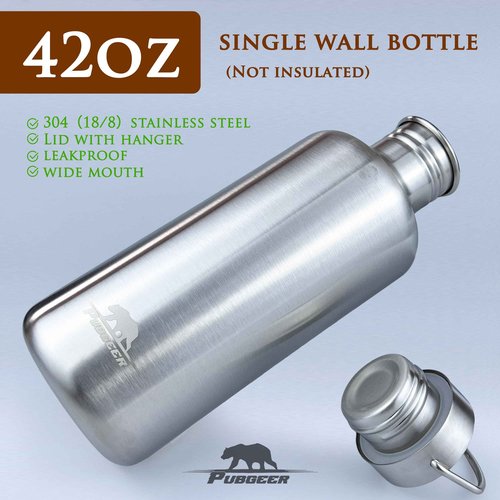 Pubgeer Canteen 42oz Single Wall Water Bottle with 24oz Nested Camping Cup and Carrier Bag, Stainless Steel, Bushcraft Gear, Wide Mouth Water Bottle, Survival Gear, Water Boiler, Self Reliance