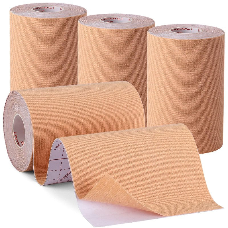 4 Rolls Kinesiology Tape, 4in x 5.5yd Extra Wide Breathable Muscle Support Adhesive Sport Tape for Knee Pain Relief, Latex Free Cotton Elastic Uncut Strips for Joints, Back, Ankle, Shoulder, Wrist