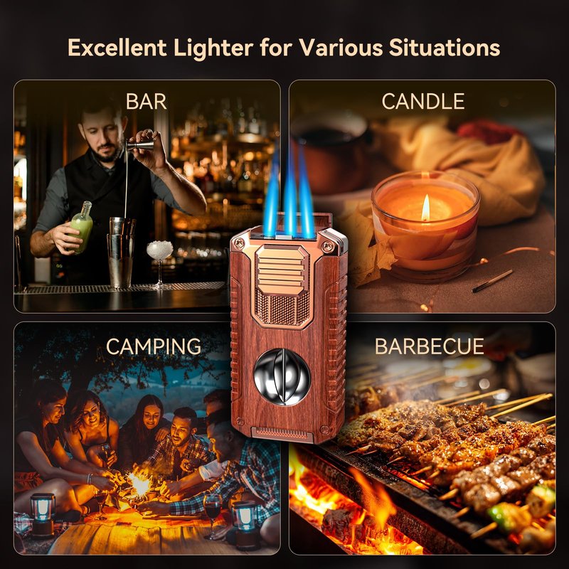 All-in-One Torch Lighter with Built-in V Cutter, Holder, Punch, and Draw Enhancer Tool, Adjustable Triple Jet Flame Lighter with Accessories, Refillable Lighter Gift for Men (Butane not Included)