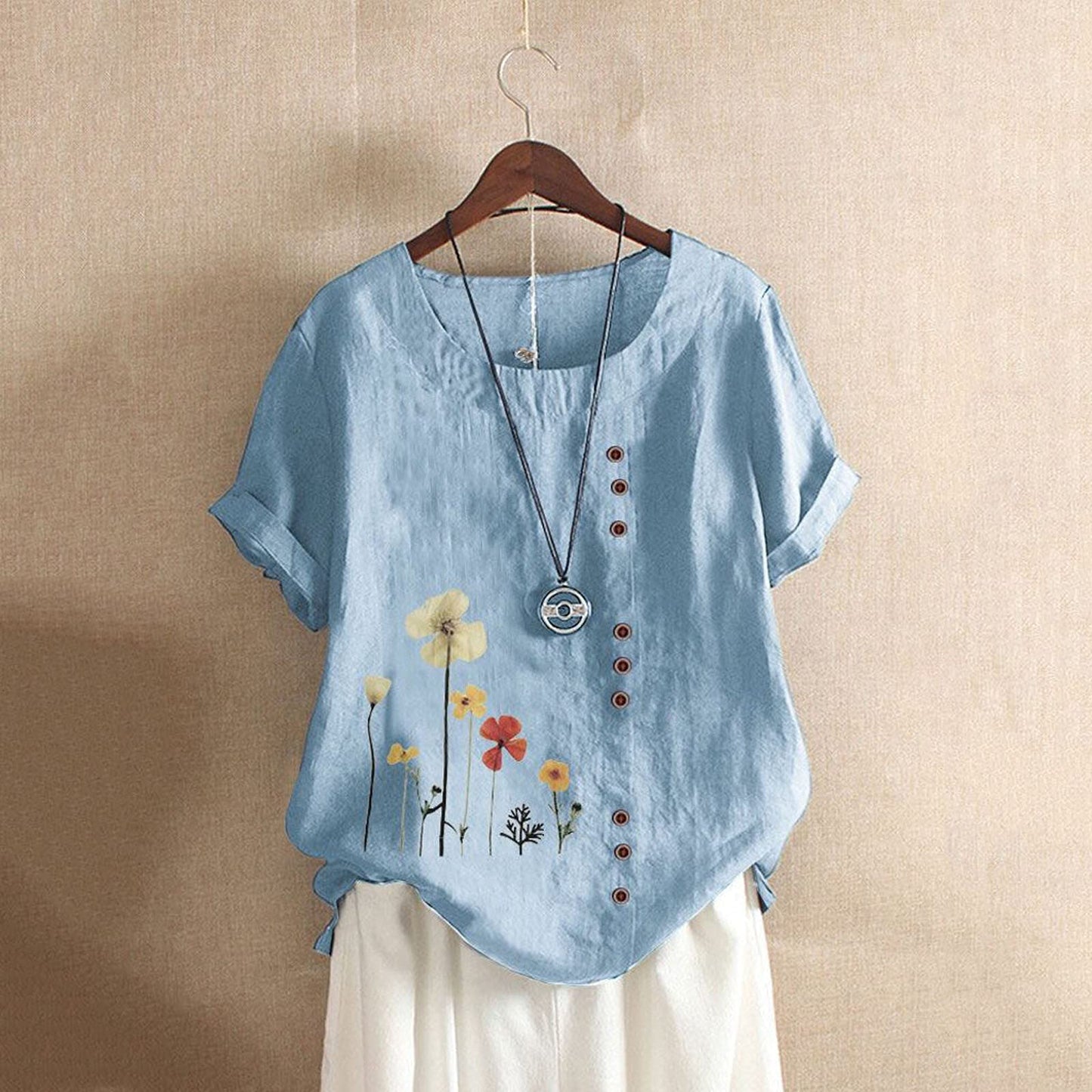 Plus Size Linen Tops for Women 2024 Summer Short Sleeve T-Shirts Button Shirts Boho Floral Print Casual Blouses