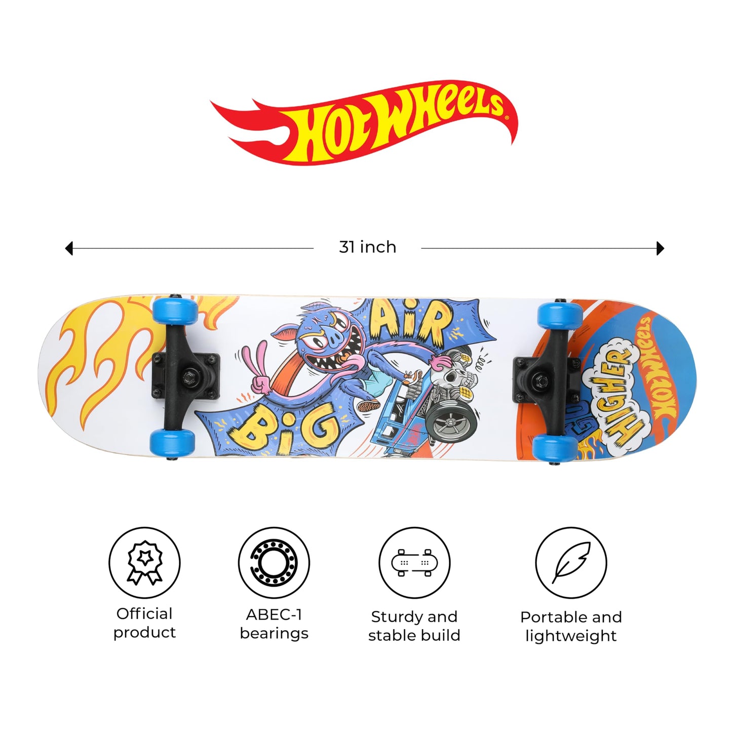 Hot Wheels 31 inch Skateboard, 9-ply Maple Desk Skate Board for Cruising, Carving, Tricks and Downhill