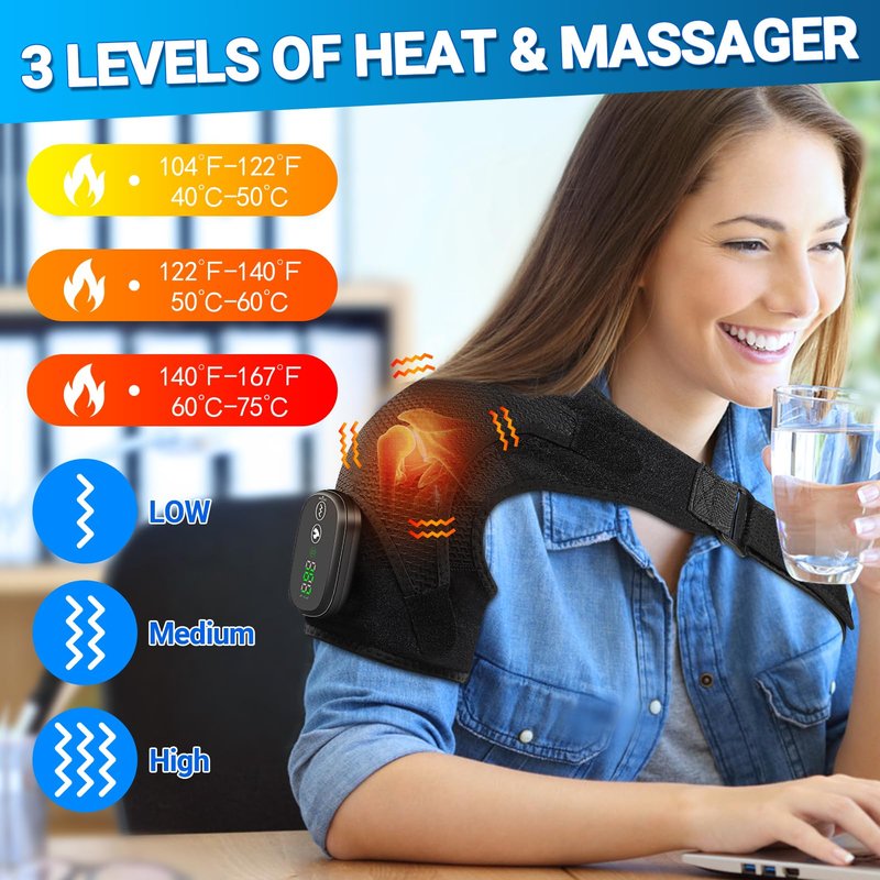 YUANBO Cordless Heated Shoulder Massager, Portable Shoulder Brace Heating Pad with 3 Heat & Vibration Heated Shoulder Wrap Brace for Men Women