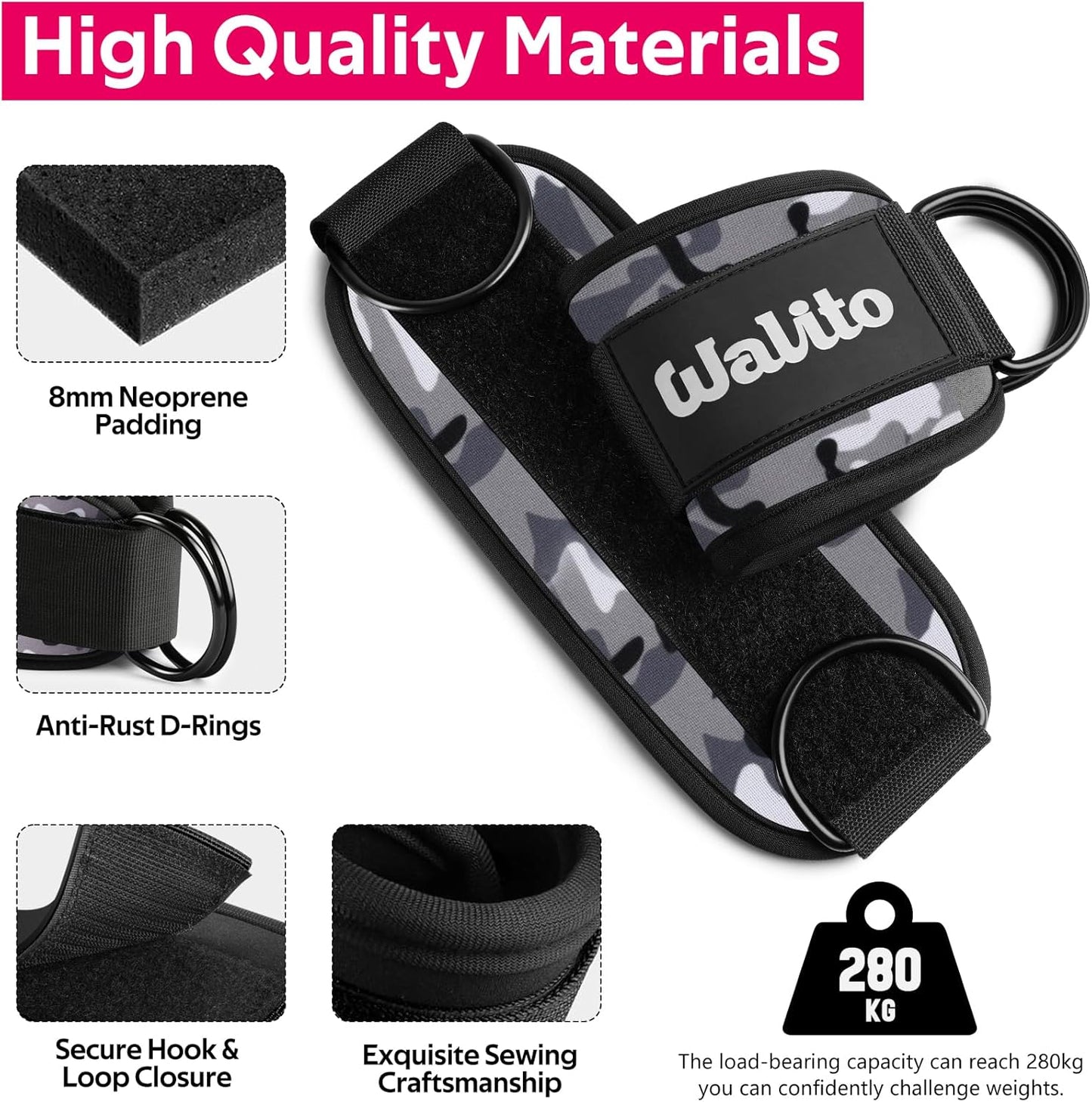 WALITO Gym Ankle Straps - Adjustable Cable Machine Accessories for Glute Kickbacks & Lower Body Workouts | Unisex