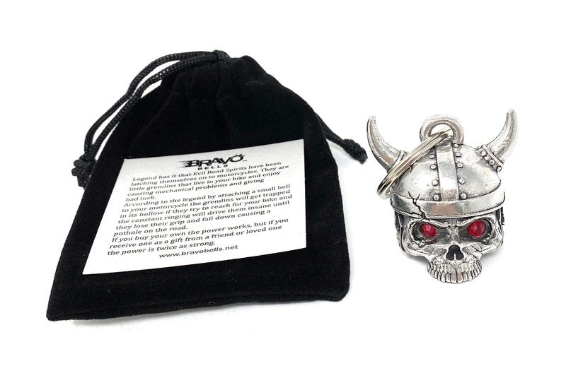 Bravo Bells Viking Helmet Skull Diamond Bell – Pewter Motorcycle Bell with Split Ring, Gift Pouch & Legend Card – Ride Protection Token