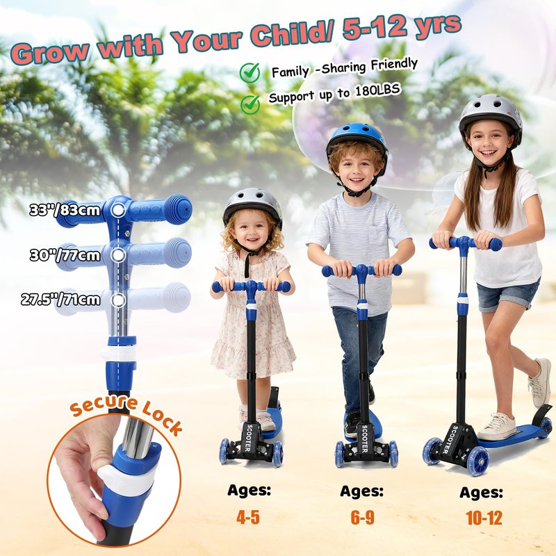 Kick Scooter for Kids Ages 6-12, Stable 3 Wheel Kids Scooter with LED Light-Up Wheels, 3 Adjustable Heights, Lean-to-Steer, Foldable, 6" Extra Wide Deck for Boys and Girls Gifts