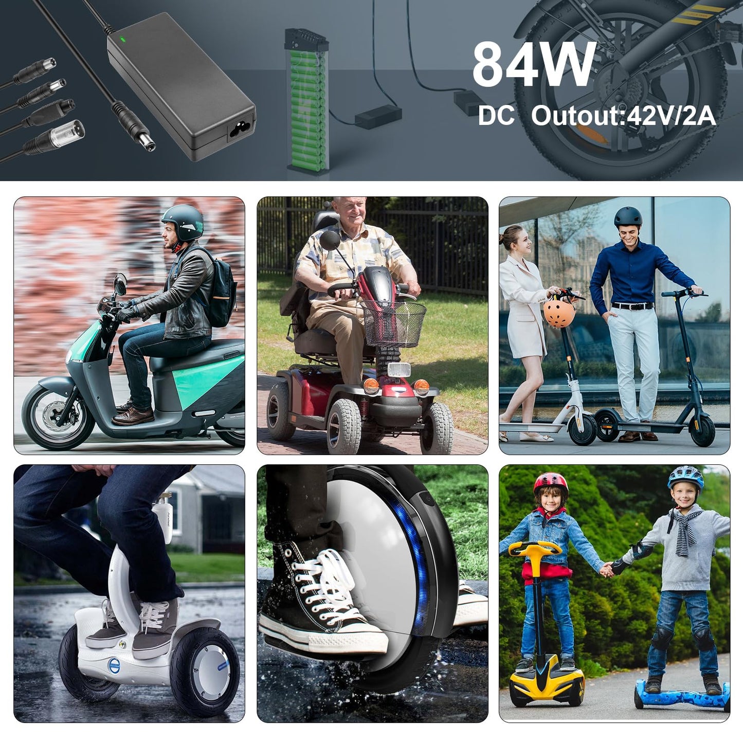 42V 2A Electric Scooter Charger Universal Replacement with 7 Plugs, Compatible with GOTRAX/Jetson/Voyage Charger for 36V 10S Li-ion Battery.