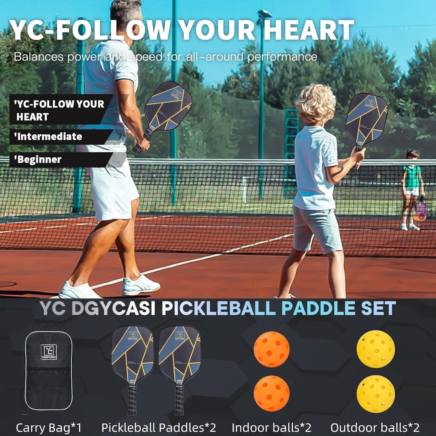 YC DGYCASI Pickleball Paddles Set of 2, USAPA Approved Carbon Fiber Surface Pickleball Set, Lightweight Pickle Ball Rackets 2 Pack, 2 Outdoor Pickleball, 2 Indoor Pickleball, 1 Pickleball Bag