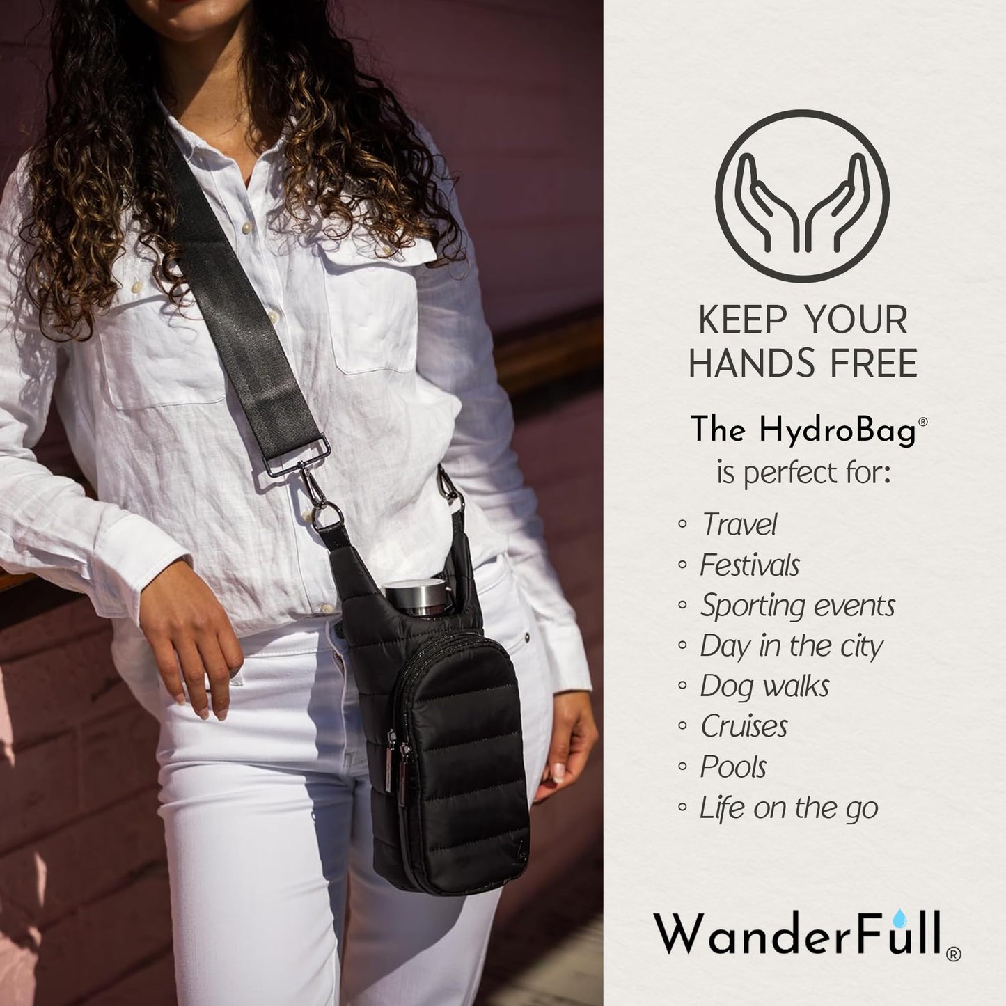 WanderFull® Original HydroBag®, Fits Up to 32 oz Water Bottle Holder with Strap, Hands-Free Crossbody, Water Bottle Carrier Bag with Phone Pocket - Black Matte, Mother’s Day Gift